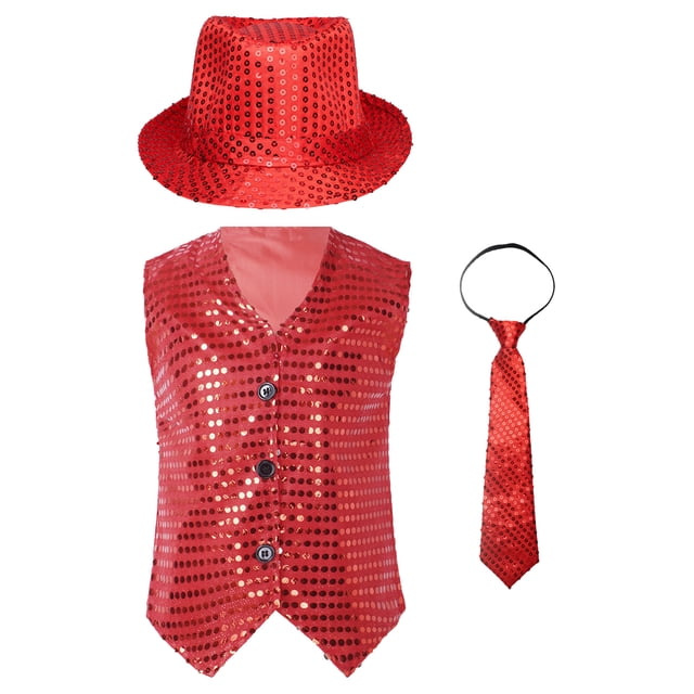 RUNQHUI Gilet à Paillettes pour Garçons Enfants avec Chapeau et Cravate Rouge 110