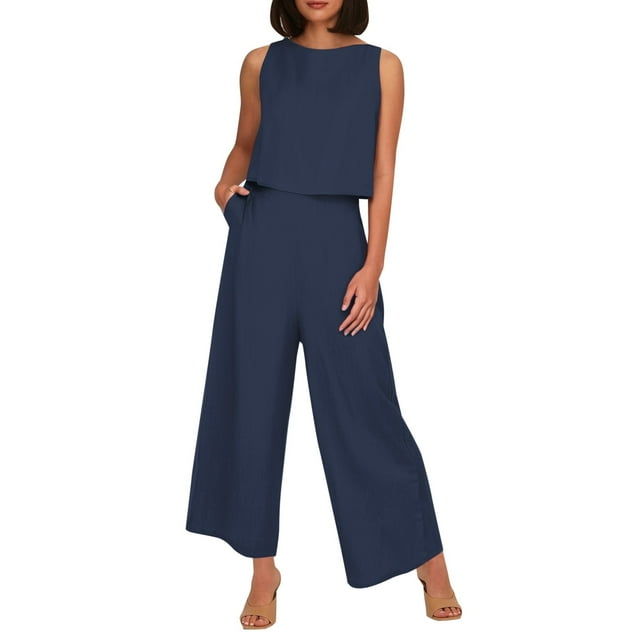 Conjunto de dos piezas de lino liso para mujer: chaleco sin mangas y pantalones de cintura alta y pierna ancha, bolsillos laterales, ropa informal de verano - Tallas S-XXXXL
