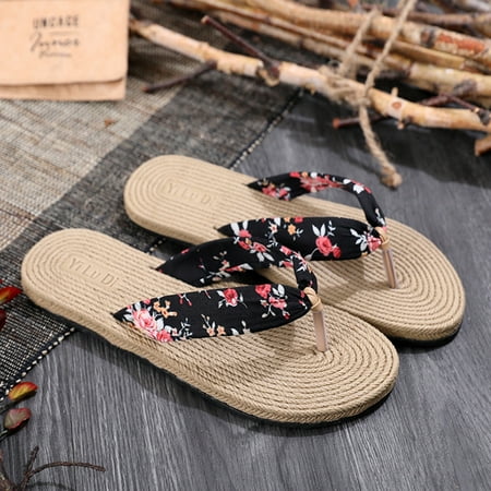 

Clearance Sandals Female Imitation Hemp Rope Travel Women s Literary Leisure Wear Flip-flops Flat Bottom Beach Flat Shoes B 36