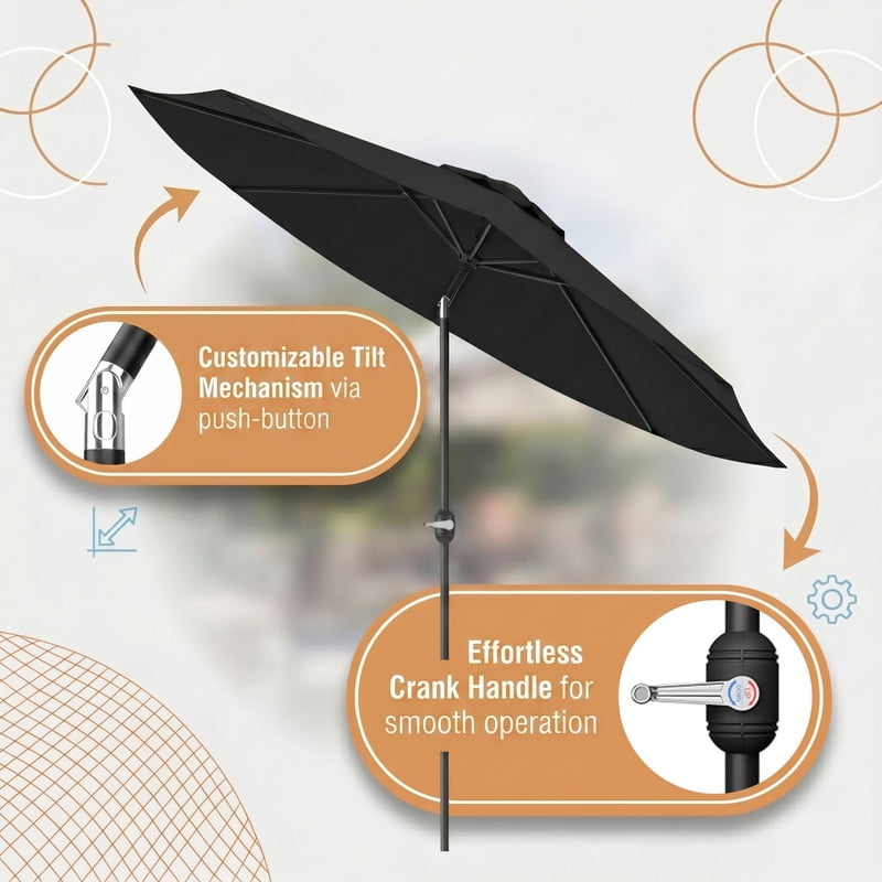 Lacoo 9' Outdoor Patio Umbrella, Market Table Umbrella with Push Button Tilt, 8 Heavy-Duty Steel Ribs & Wind Vents, Black