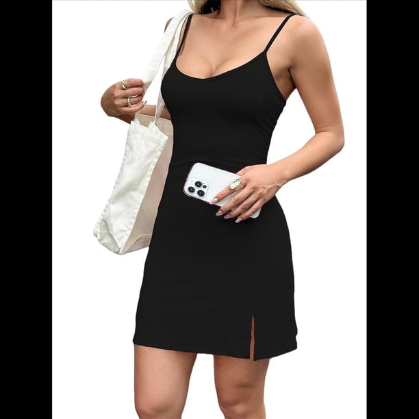 Vestido Mini Básico con Tirantes Finos Ajustables para Mujer Negro M