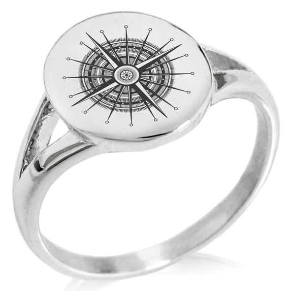 Stainless Steel Nautical Needle Dial Compass Minimalist Oval Top Polished Statement Signet Ring