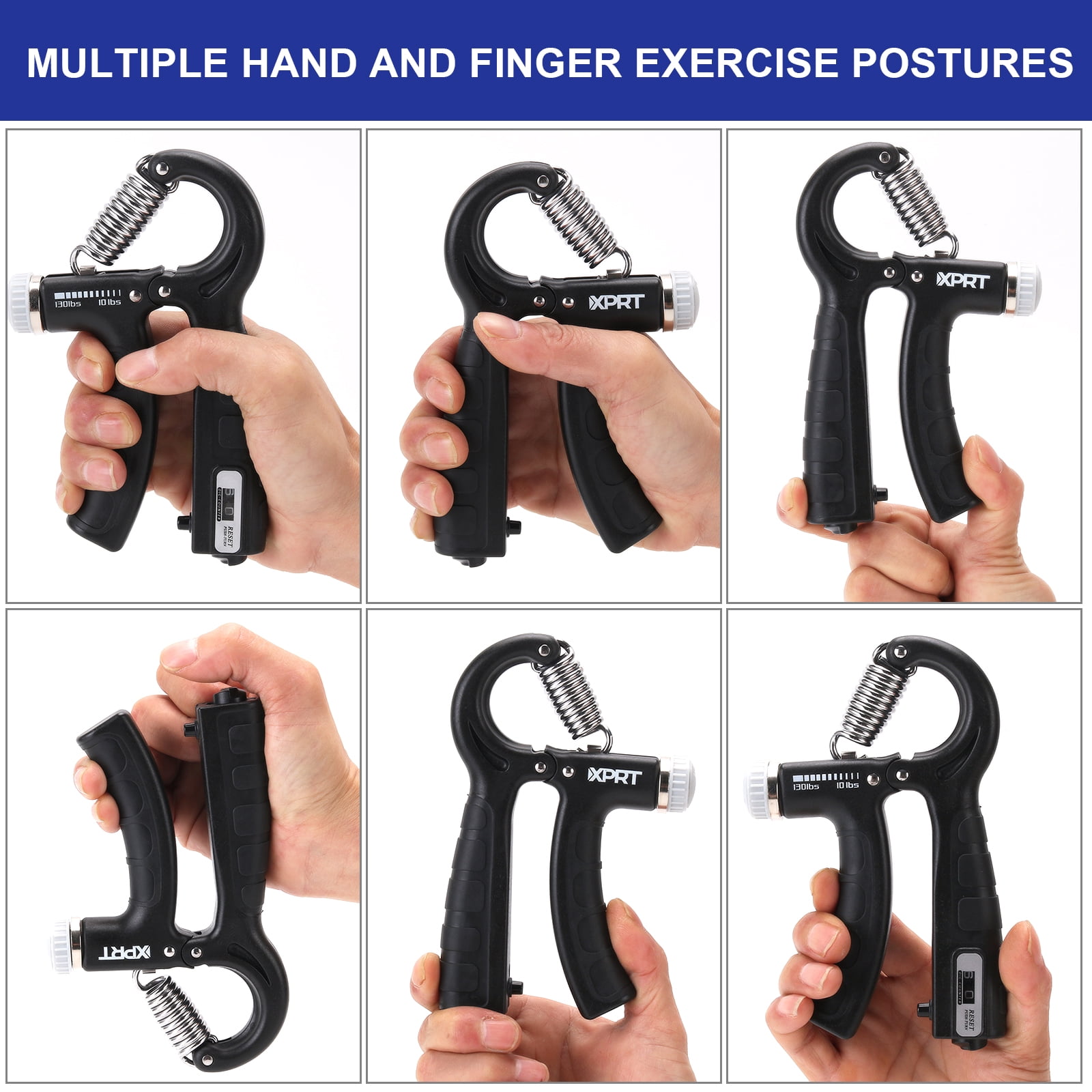 XPRT Fitness Adjustable and Counting Hand Grip Strengthener, To Develop Strength in Fingers, Hand, Wrist & Forearm, track your strength workout progress, 10-130LB resistance, SINGLE