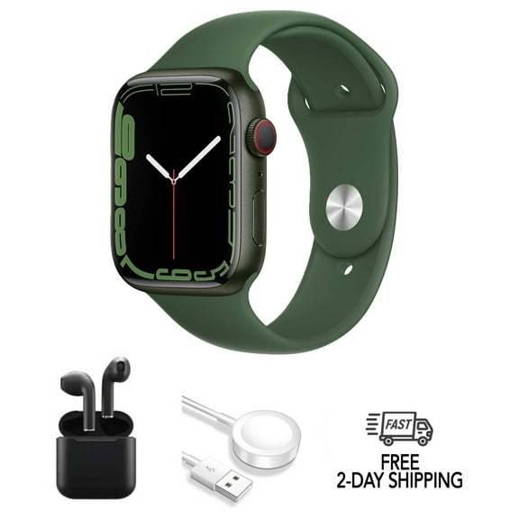 Restored Apple Watch Series 7 Aluminum 45mm A2477 (GPS Cellular) Green w/ Wireless Earbuds (Refurbished)