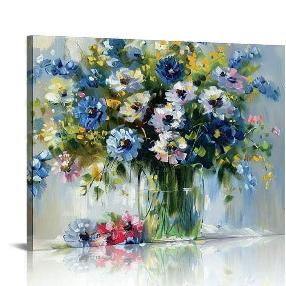 JRXY Blue and White Flower Wall Art, Fresh Flowers in vase Canvas Print Nature Scenery Wall Art for Living Room Bedroom Wall Painting Decoration Modern Artwork picture 1