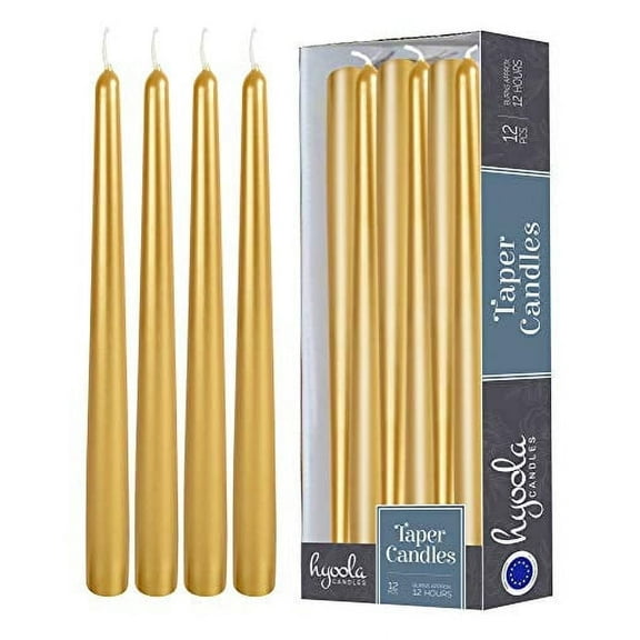 Hyoola 14" Metallic Gold Dripless European Made Taper Candles, Unscented Paraffin Wax with Cotton Wicks, 12-Pack
