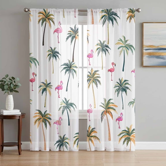 Palm Trees Semi Sheer Curtains 63 Inch Length 2 Panels Set, Watercolor Tropical Flamingo Summer Sheer Kitchen Curtain Privacy Voile Window Curtain for Living Room Bedroom Rod Pocket Drapes