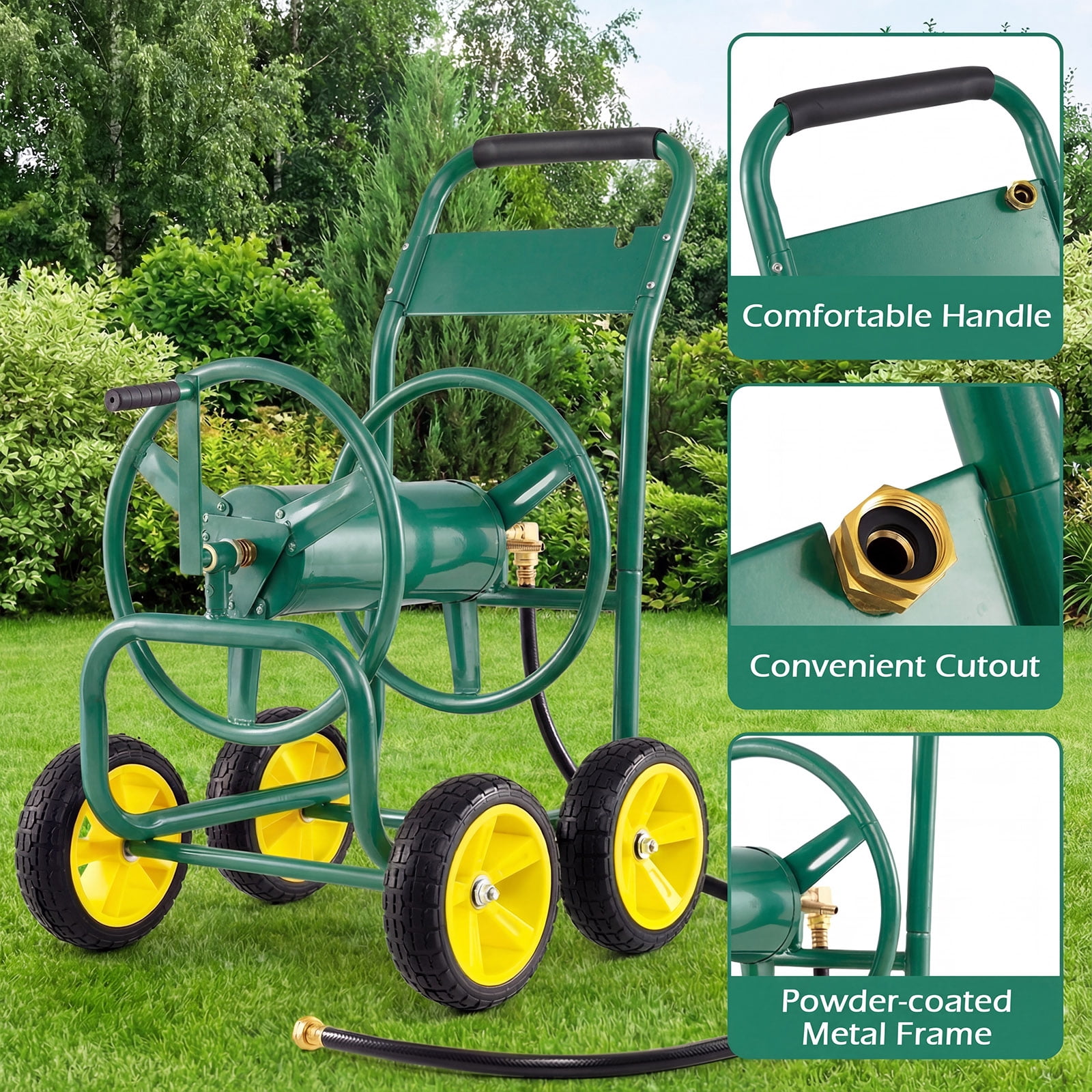 Costway Garden Hose Reel Cart 4 Wheels, 330 ft 5/8” Large Capacity for Outside Yard Lawn Green