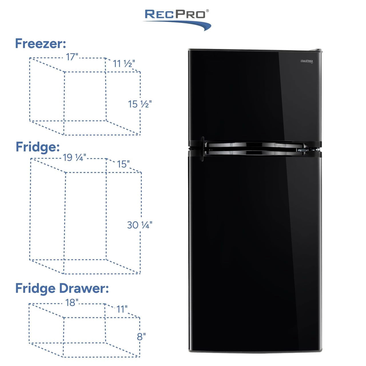RecPro Everchill 10.7 Cu Ft 12V RV Refrigerator with Freezer | Black Finish | Dual Swing Glass Doors | Independent Temp Controls | Frost Free | Vibration Protection