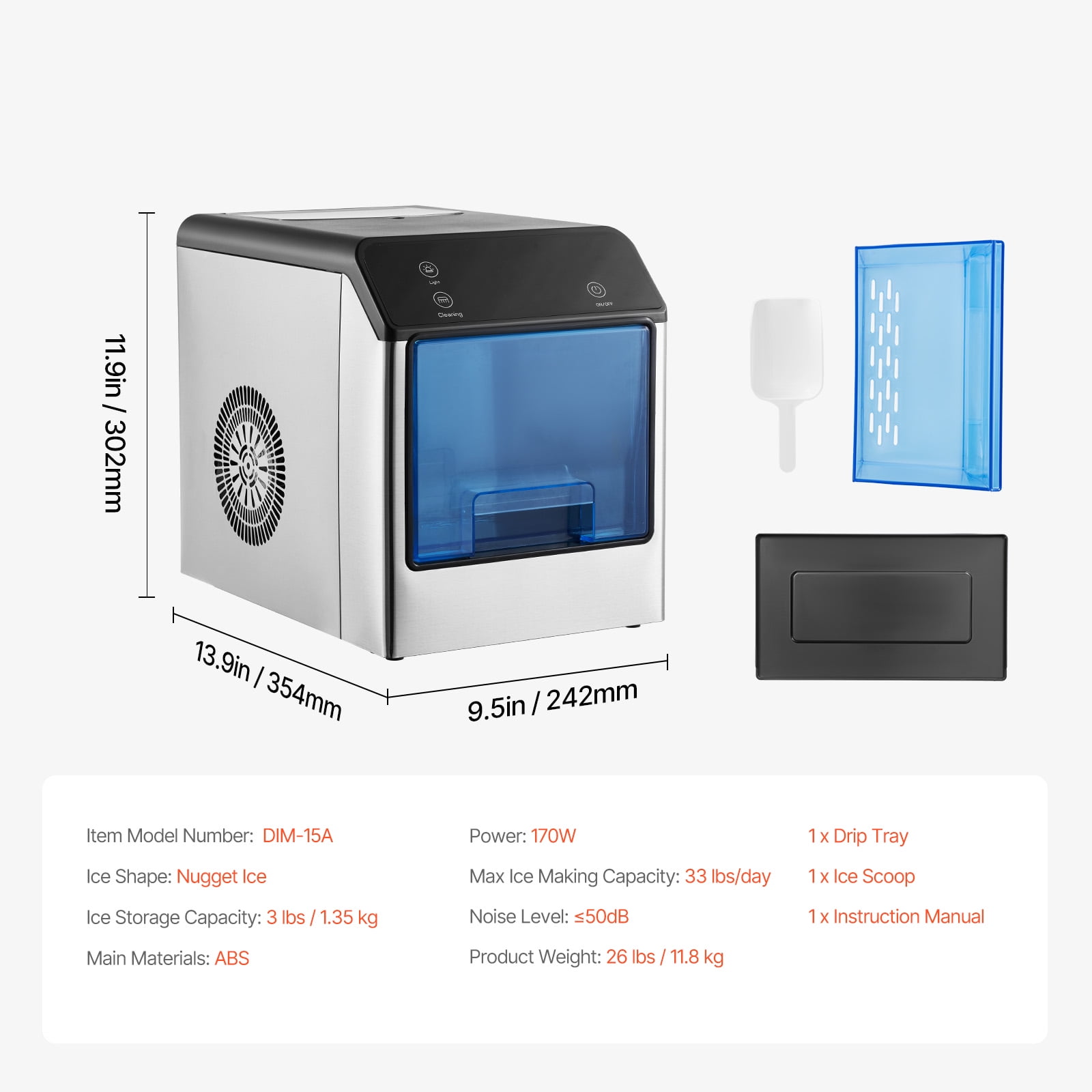 KFFKFF 33lbs/24H Countertop Ice Maker Nugget Ice Maker Self-Cleaning Portable Ice Maker with Ice Scoop & Drip Tray
