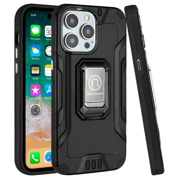 Designed for Apple iPhone 15 Pro Max (6.7") Tough Metallic Hybrid Premium Ring Kicstand Military Grade, Heavy Duty Shockproof Rugged Phone Case Cover [Black]