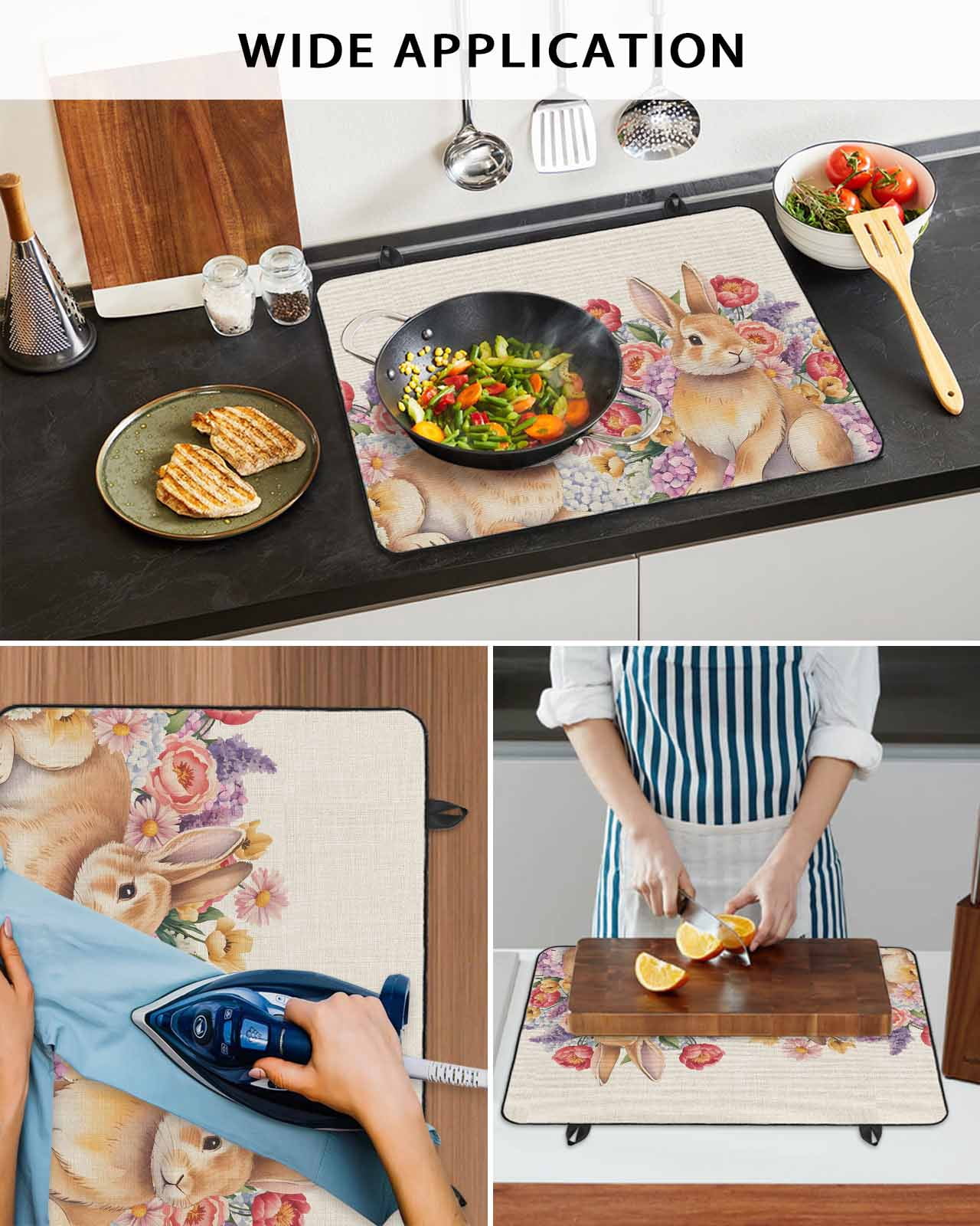 Large Induction Cooktop Protector Mat Easter Stove Top Covers for Electric Stove, Farmhouse Rabbits Botanical Rose Flowers Bunny Decorative Stove Burner Cover Mats, Glass Top Stove Cover