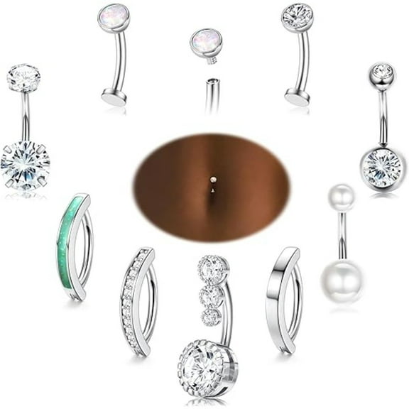 9Pcs 14K Gold Plated Belly Button Rings Hypoallergenic Surgical Steel CZ & Pearl Navel Jewelry Set for Women Summer Beach Party
