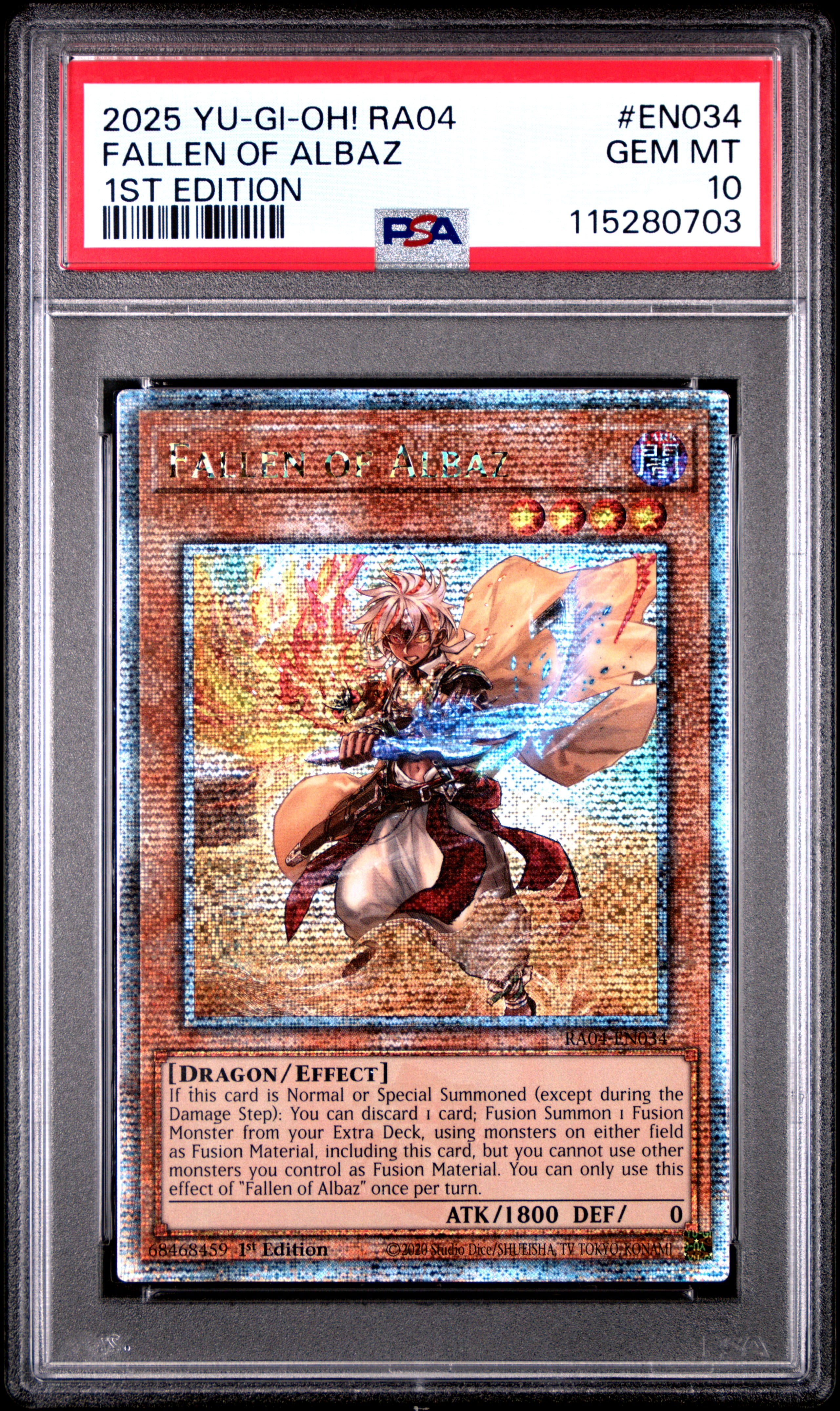 Yu Gi Oh! TCG, PSA Graded 10 GEM MINT, Fallen Of Albaz 1St Edition #EN034, Ra04 Quarter Century Stampede, Fully Encapsulated Bundle with Compatible Yu Gi Oh! Hard Sealed Case