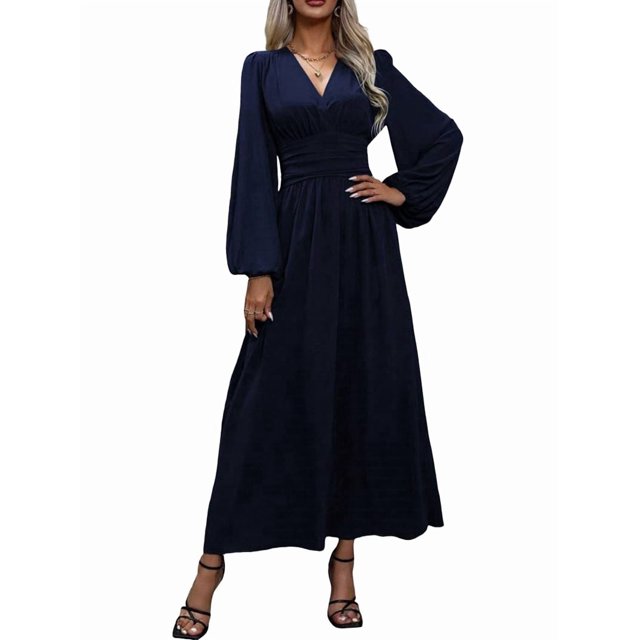 Robe Maxi Fluide à Manches Longues Fendue Décontractée Col en V Taille TG