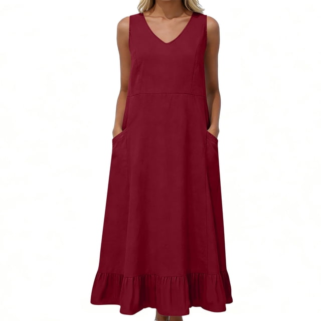TaTaai Women's V-Neck Maxi Dress Sleeveless Linen Feel Solid Color Casual Pocket Detail Slip Dress Loose Fit Summer Dress Gift