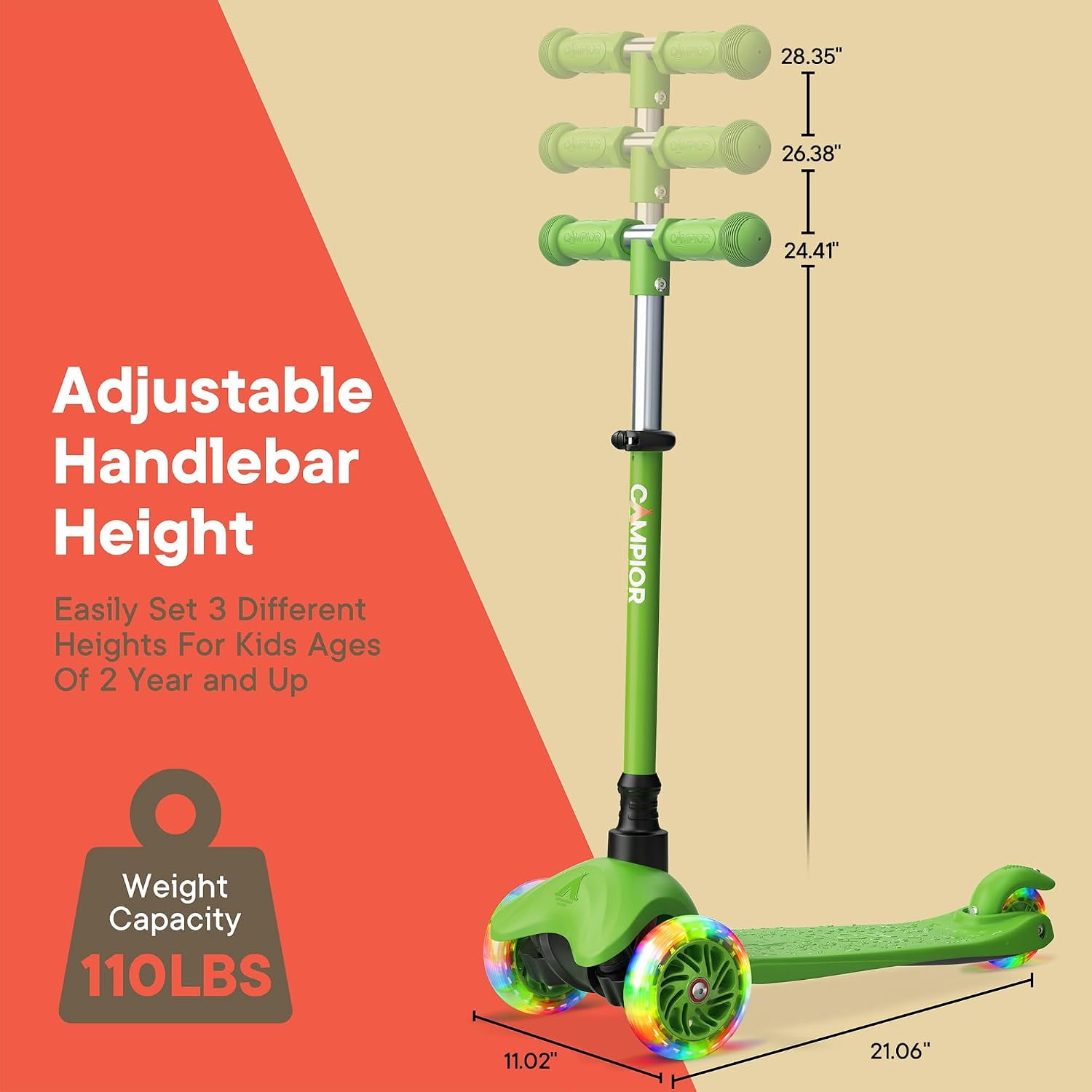 Campior Green 3-Wheel Kids Scooter, Lean-to-Steer with LED Wheels, Adjustable Handlebar, Anti-Slip Deck, Rear Foot Brake, Ages 2+