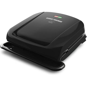 Foreman 4-Serving Removable Plate Electric Grill and Panini Press, George Tough Non-Stick Coating, Drip Tray Catches Grease, Black