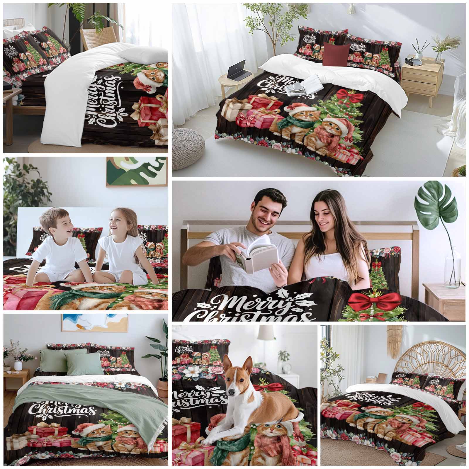 Christmas Bedding Duvet Cover Set Twin Size 4 Pieces Winter Xmas Cats Trees Gifts Flowers Brown Woods Bedding Set with Zipper Closure, 1 Comforter Cover 68x86 Inches 1 Flat Sheet & 2 Pillow Cases