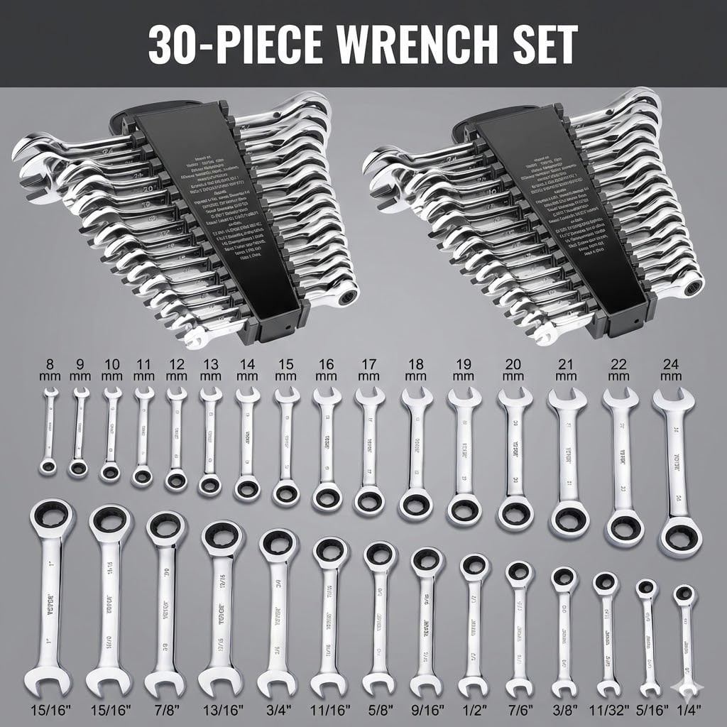 Combination Wrench Set, 30-Piece Ratcheting Wrench Set with Organizer Rack, Cr-V Steel Wrench Set SAE 1/4" to 1", Metric 8 mm to 24 mm, Ideal for General Household, Garage, Workshop, Emergency