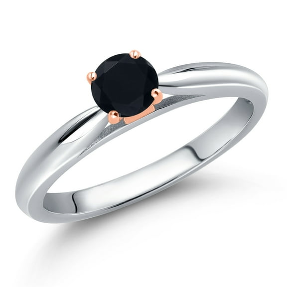 Gem Stone King 925 Silver and 10K Rose Gold Black Onyx Engagement Ring for Women | 0.22 Cttw | Round 4MM | Gemstone December Birthstone | Size 8