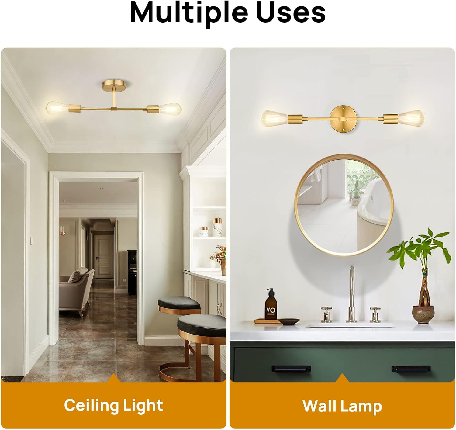 2-Light Gold Bathroom Vanity Lights Bathroom Lighting Fixtures over Mirror for Bedroom Living Room Kitchen