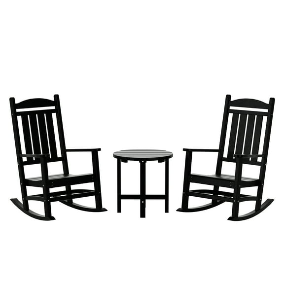 WestinTrends Malibu Classic 3 Piece Outdoor Rocking Chairs Set, All Weather Poly Lumber Adirondack Rocker Bistro Set Patio Deck Porch Chairs Set of 2 with Side Table, Black