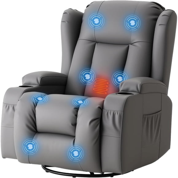 AECOJOY Fauteuil Inclinable avec Massage et Chaleur, Fauteuil Inclinable Pivotant à Bascule à 360° en Cuir PU Respirant avec Porte-Gobelets et Pochette Latérale, Gris