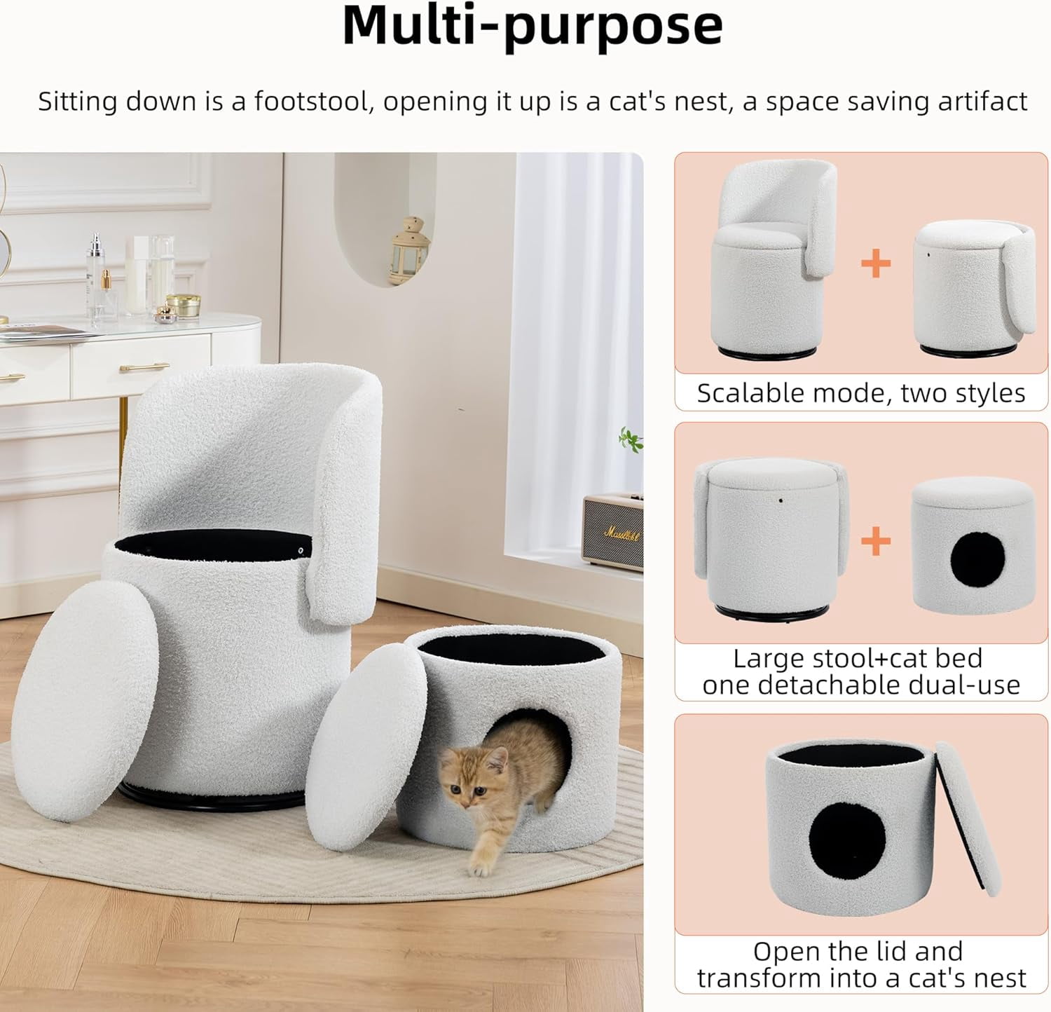 Teddy 360° Rotating Storage Barrel Chair with Removable Cat Bed Footstool for Vanity, Dressing Table & Dining Room, Living Room Accent Chair with Pet-Friendly Design