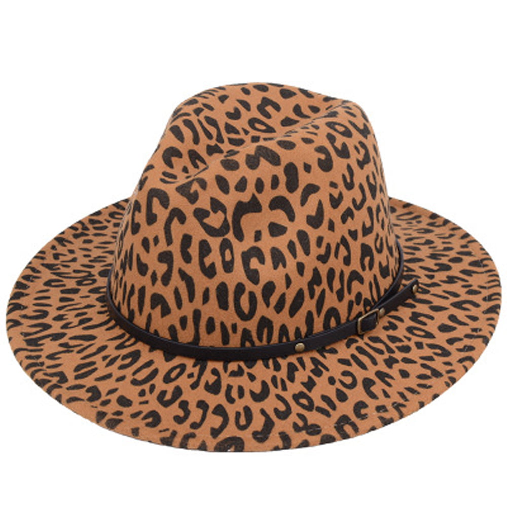 Mens Woolen Wide Brim Fedora Hats Classic Vintage Trilby Hat Jazz Cap with Leopard Print Leather Belt