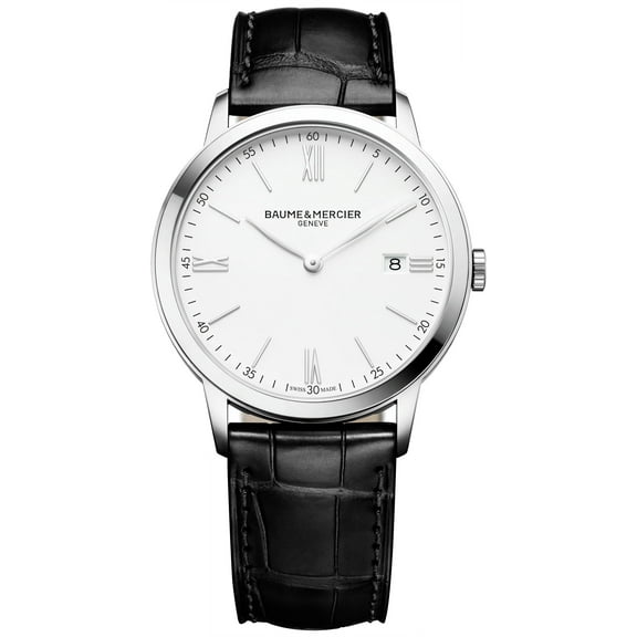 Baume & Mercier Classima Stainless Steel White Dial Black Leather Strap Date Quartz Mens Watch M0A10323
