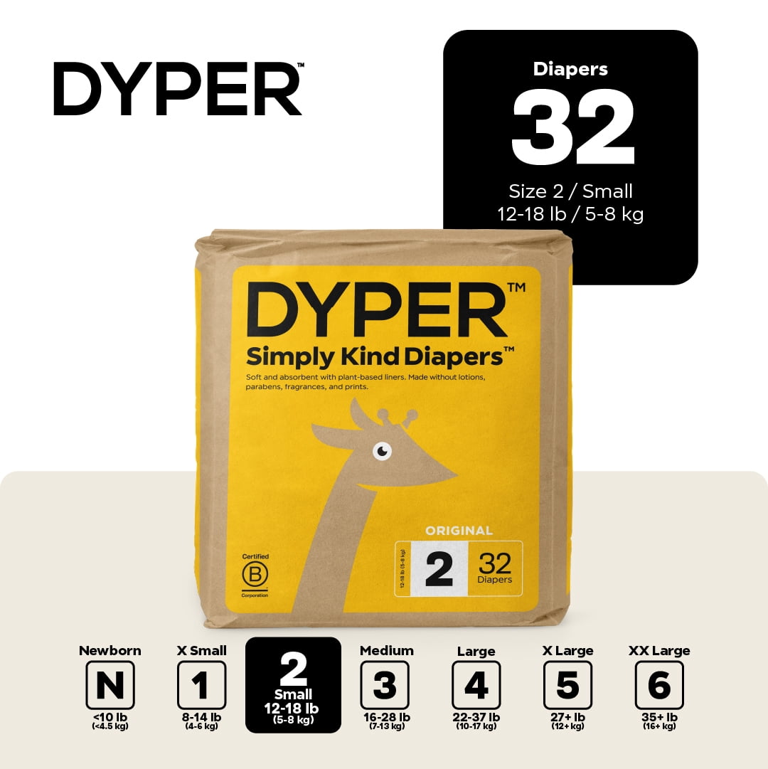 DYPER Simply Kind Diapers, Remarkably Soft, Size 2, 32 Count (Select For More Options)