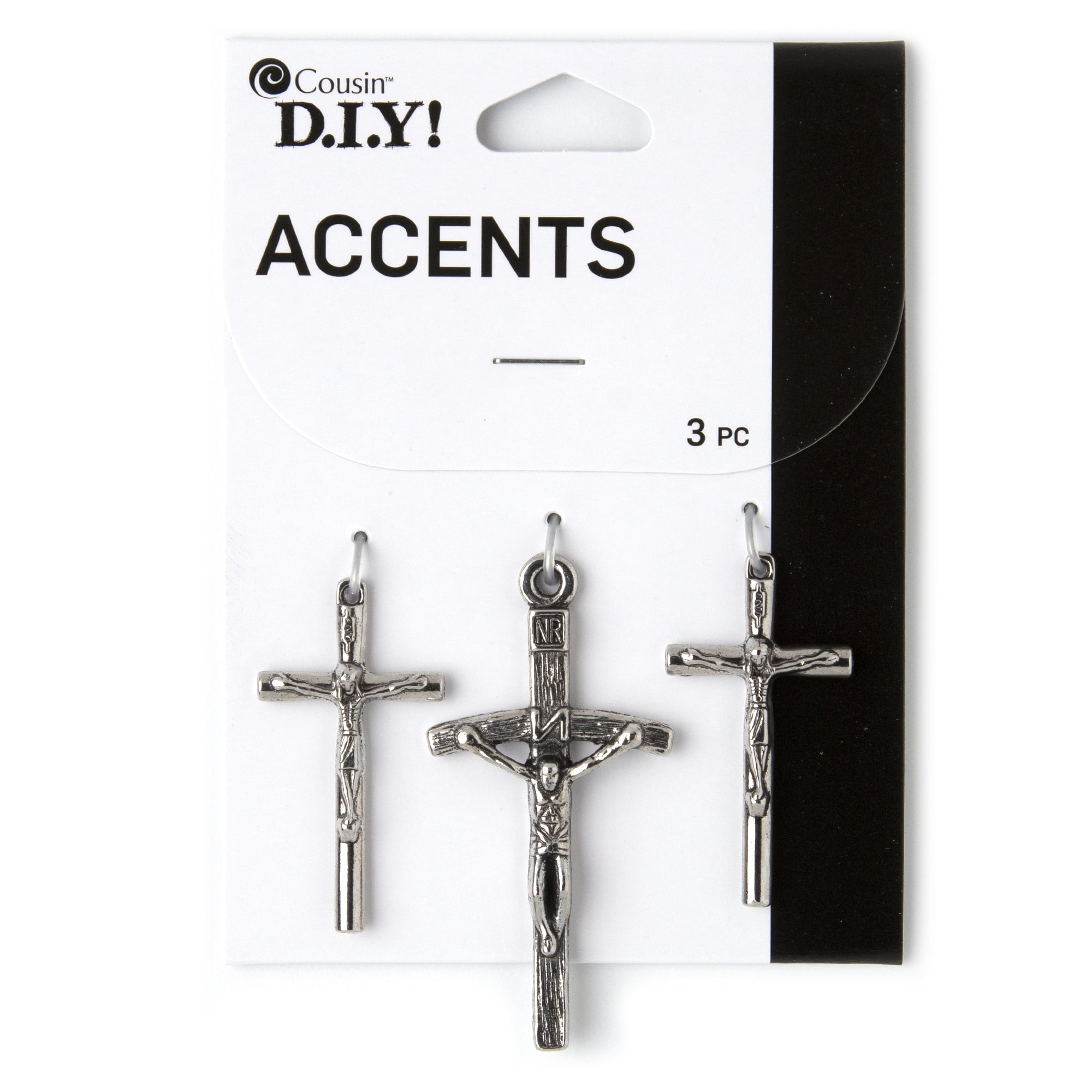 DIY Metal Cross Crucifix Pendants, Religious Accent Charm Set of 3, Silver