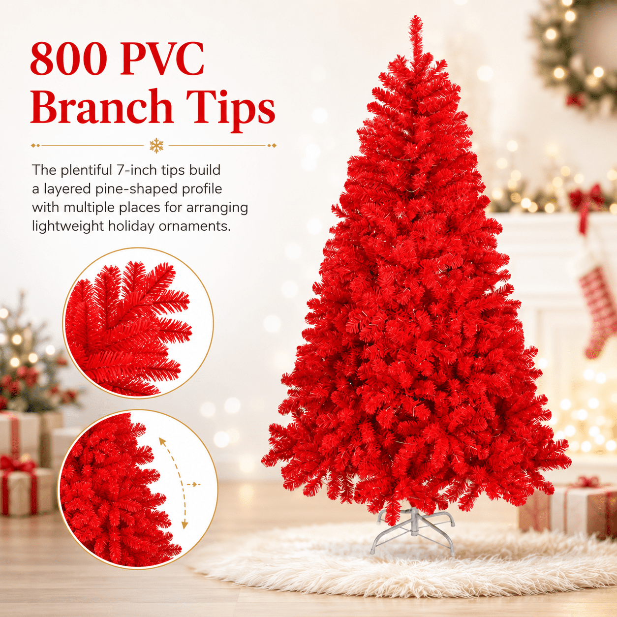 Alvantor 6 ft Red Unlit Artificial Christmas Tree with 800 PVC Branch Tips, Hinged Design and Metal Stand