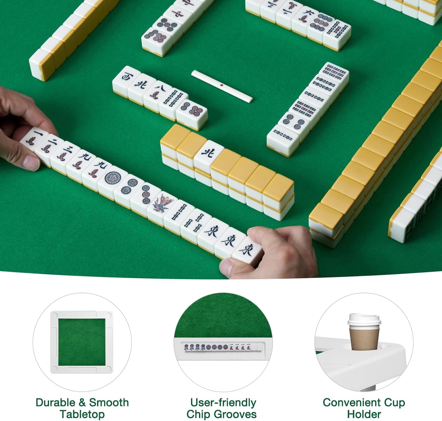 35.4'' Mahjong Table Folding Square, 4 Player Card Table Portable Poker Table with 4 Cup Holders & 4 Chip Grooves, Foldable Game Puzzle Table for Table Games, Domino Game, Board Game, Camping