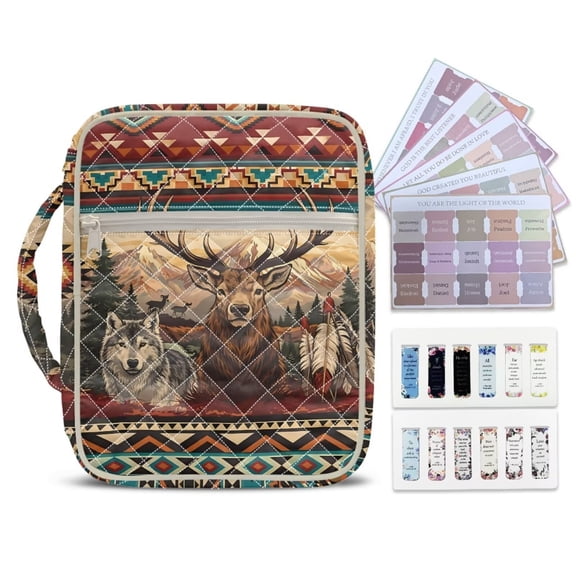 Xixirimido Aztec Tribe Elk Wolf Print Bible Cover Case Large Bible Cover with Handle Quilted Bible Carrying Case Bag with Bookmarks Bible Study Supplies Accessories