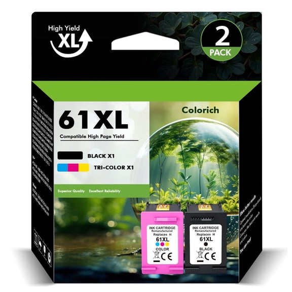 61XL Ink Cartridges Compatible for HP 61 Black/Tri-color Ink Work for Envy 4500 5530 4502 Officejet 4630 4635 Deskjet 1000 1010 1512 Printer (2 Pack)