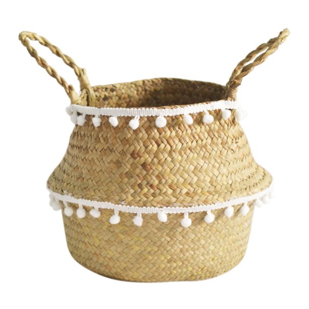Cesta de mimbre de algas marinas para plantas de interior, cesta grande de 26 cm, cesta tejida bohemia redonda con asas para macetas, almacenamiento, lavandería, picnic, comestibles, interior.