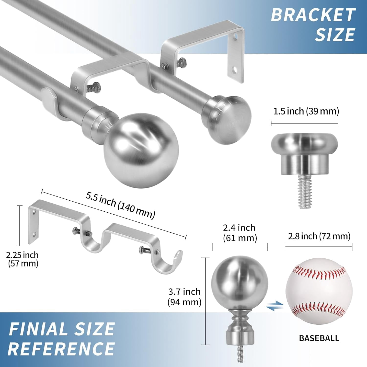 Urbanest Adjustable Double Curtain Rod Set Steel Ball Flat Button Finials – 1″ Front & 5/8 Back Rod With Brushed Steel Rod, 84–120 Inches