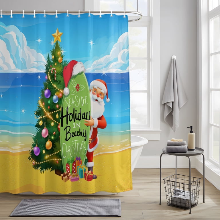 Coastal Santa Surfboard Shower Curtain for Bathroom, Christmas