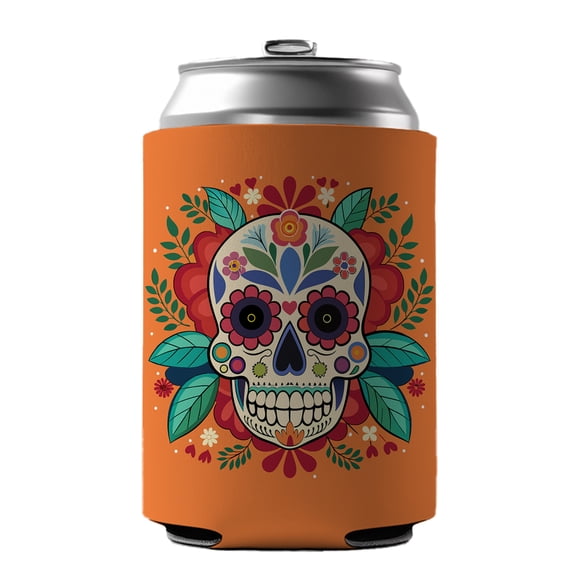 Sugar Skull with Floral Background Drink Beer Soda Insulated Sleeve Holder Can Cooler Hugger