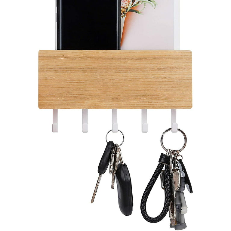 Key Rack with Shelf Wooden Wall Organizer - 5 Key Hooks, Key