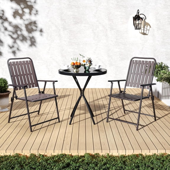 3 Pieces Patio Bistro Set Folding Small Table Chairs Set for 2 Outdoor Bistro Furniture Sets with Glass Coffee Table for Lawn Backyard Balcony Poolside