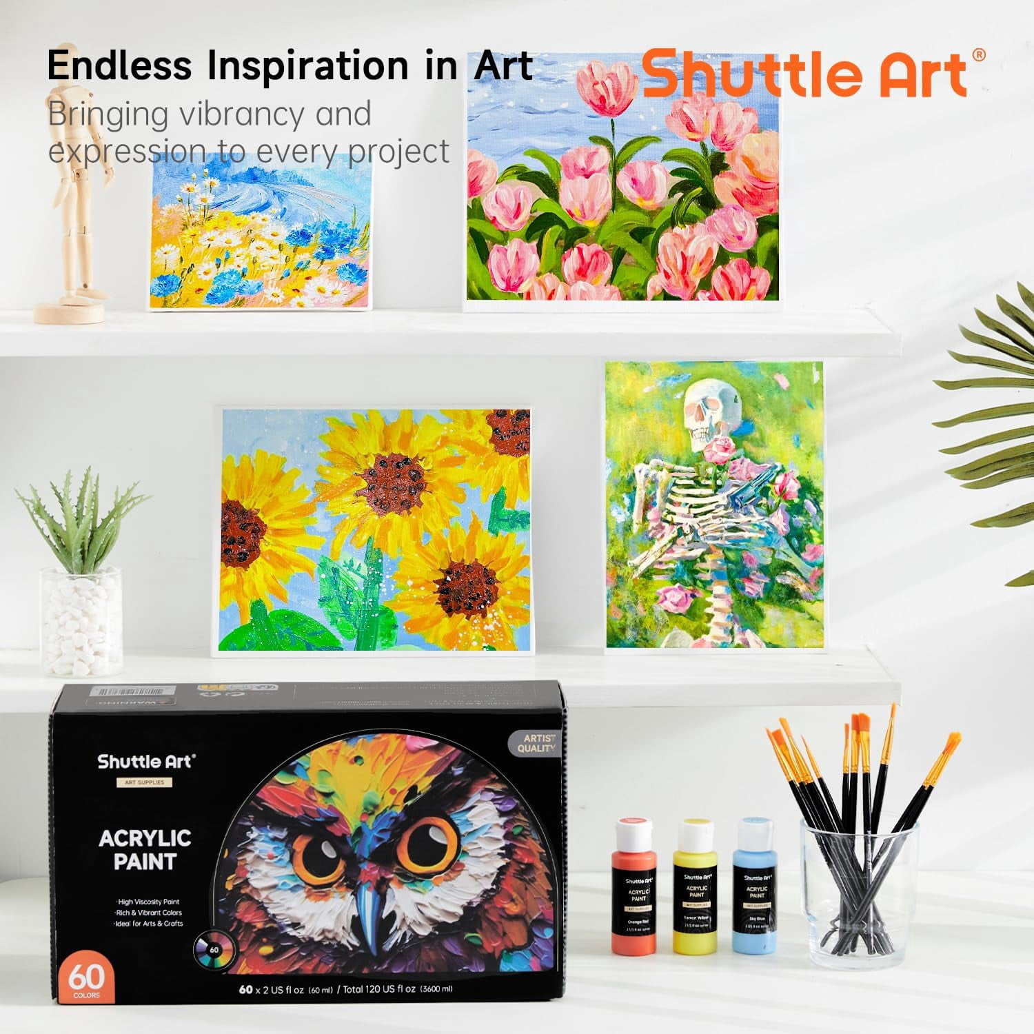 72 Pack Acrylic Paint Set, Shuttle Art 60 Colors Acrylic Paint Including Extra White Black & 12 Brushes, 2oz/60ml, Rich Pigmented, Water Proof, Ideal for Artists, Beginners