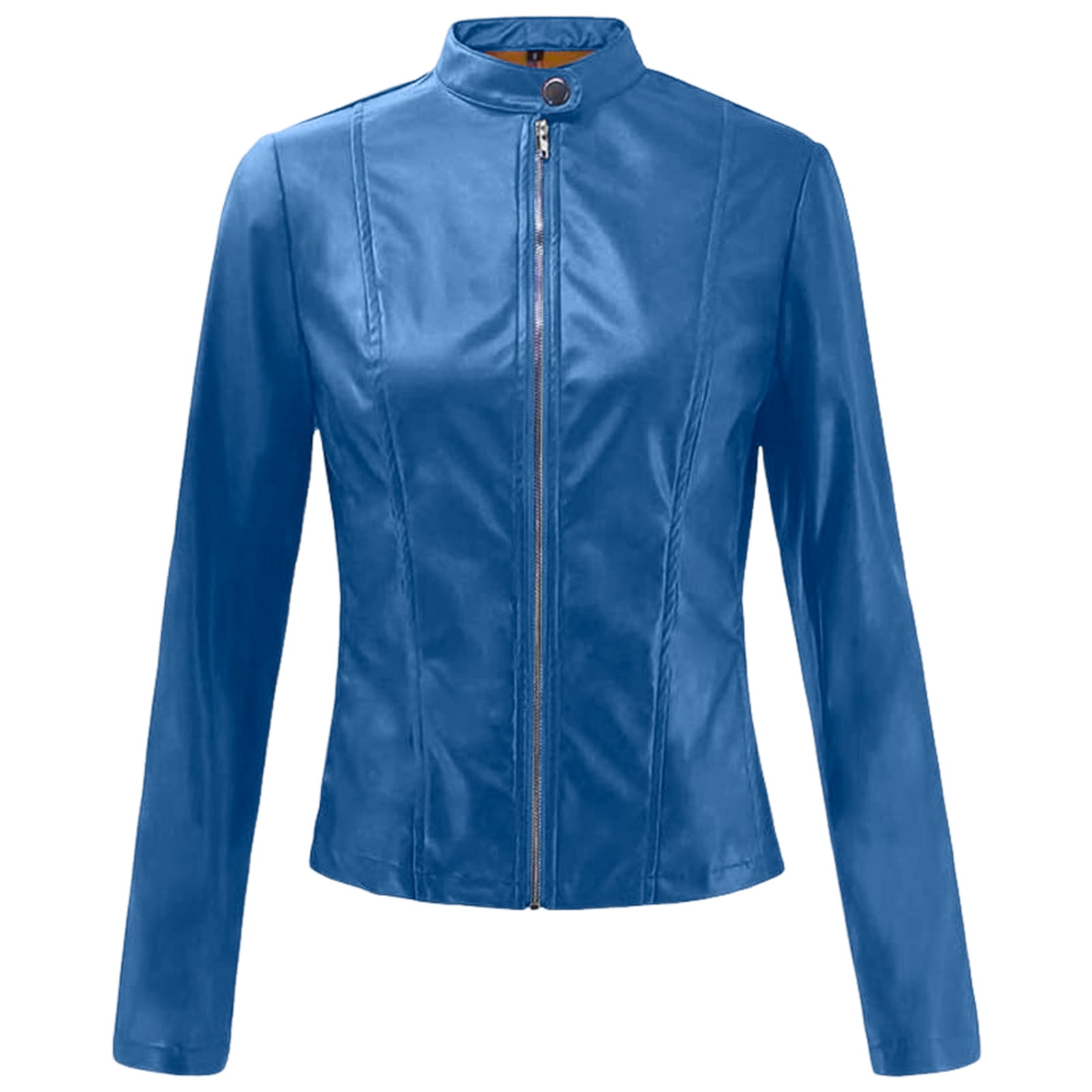 GEWSEY Womens Faux Leather Long Sleeve Jackets Quilted Moto Outwear Slim Lapel Coats (Blue, S)