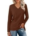 thumbnail image 2 of DHFJKG Women's V Neck Long Sleeve T Shirt Casual Workout Yoga Top Solid Color Loose Fit Basic Tee Spring Fall Versatile Tops, 2 of 5