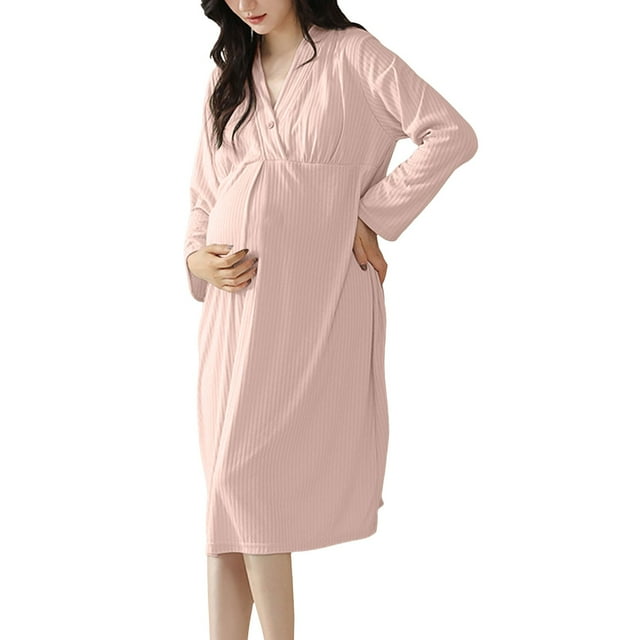 WUANDIXFA Robe de Maternité d'Automne Modèle Robe de Maternité Chemise de Nuit d'Allaitement d'Été Mince avec Ceinture Coussinée Pyjama pour Femme Enceinte Rose, TG