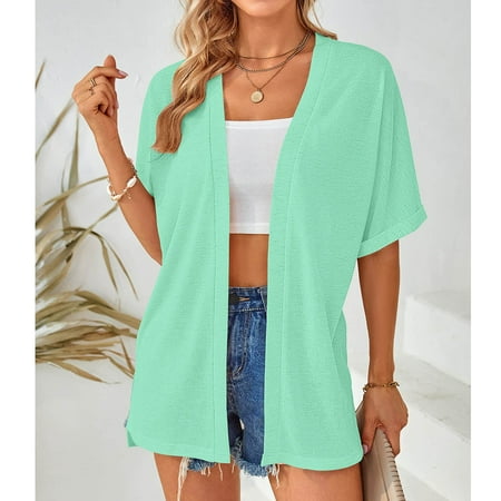 TMOYZQ Women s Rolled Short Sleeve Beach Cover Ups Lightweight Open Front Kimono Cardigan Casual Summer Loose Bikini Cardigan Outerwear Bathing Suit Cover Up