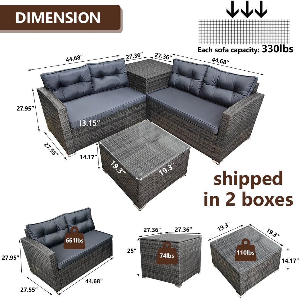Rattan Patio Sofa Set, 4 Pieces Outdoor Sectional Furniture, All-Weather PE Rattan Wicker Patio Conversation, Cushioned Sofa Set with Glass Table & Storage Box for Patio Garden Poolside Deck