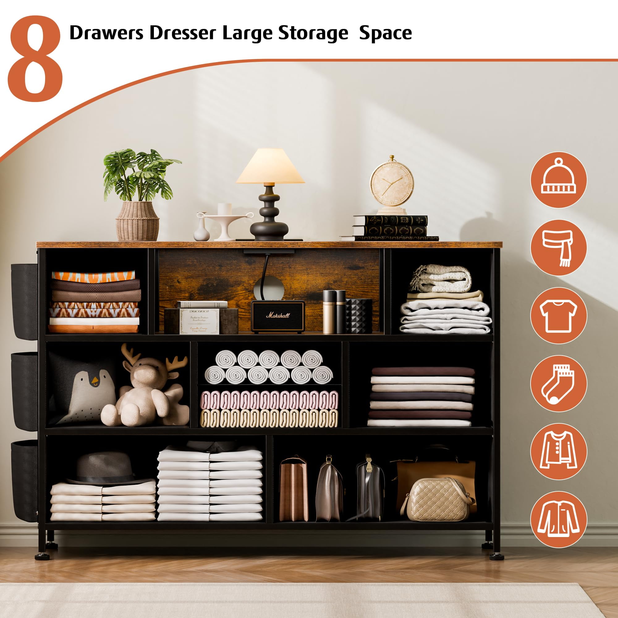 GIKPAL Dressers for Bedroom, 8 Drawer Dresser with LED Lights, Chest of Drawers with Side Pockets & Power Outlet Ports, Storage Drawers Nightstand, Bedroom Furniture Brown
